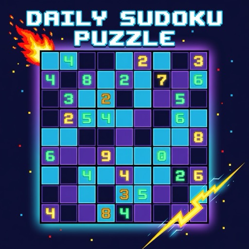 Daily Sudoku cover: a glowing 9x9 number grid with combo streak flame