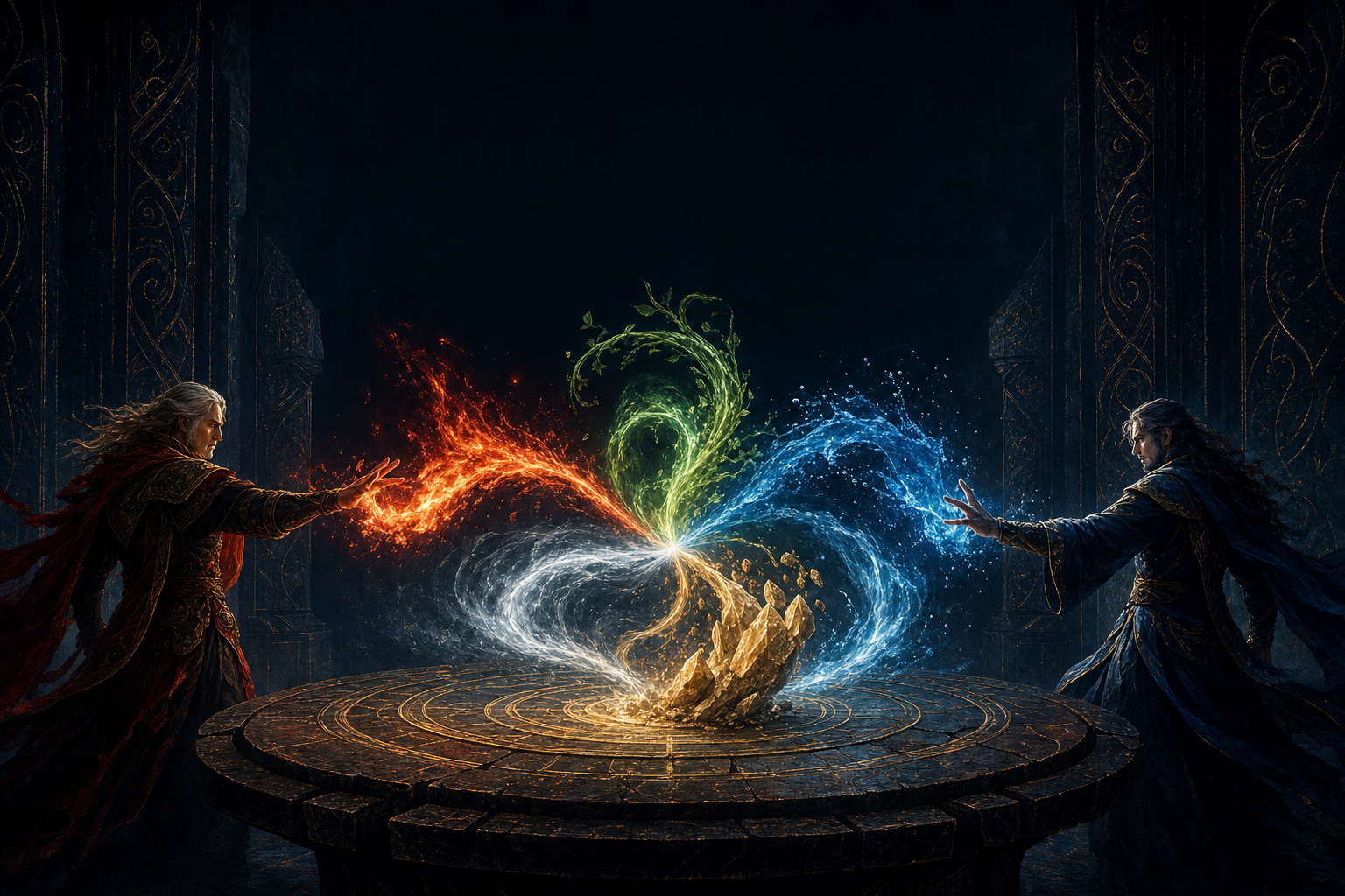 Elementum cover: two elemental mages dueling amid fire, water, stone, nature, and wind
